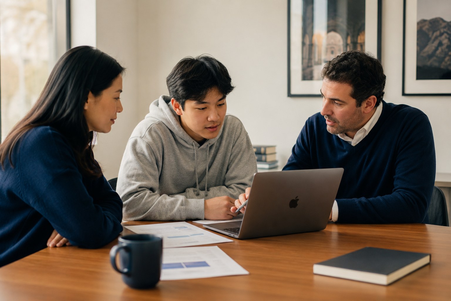 Student and parents reviewing an academic plan with an advisor